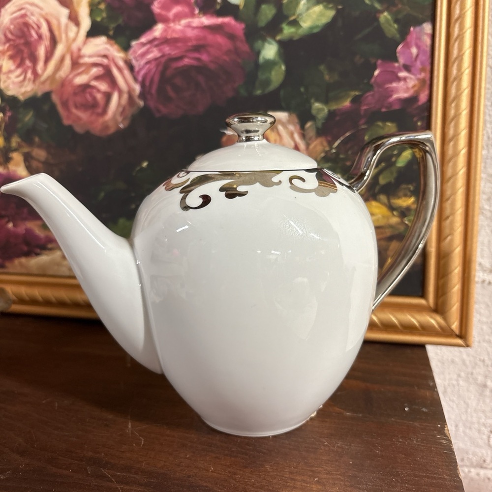 Vintage Ciroa Elegant White Teapot with Silver Accents